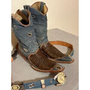 VTG Custom Exotic Denim Croc Western Cowboy Pointy Boots and Belt Mex 7.5 US 8.5